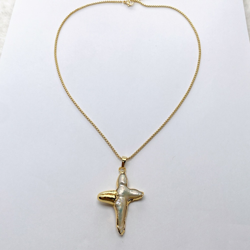 Natural Freshwater Pearl Cross Pendant Earrings Necklace DIY Jewelry Gold Plated Copper Elegant Fashion Accessories