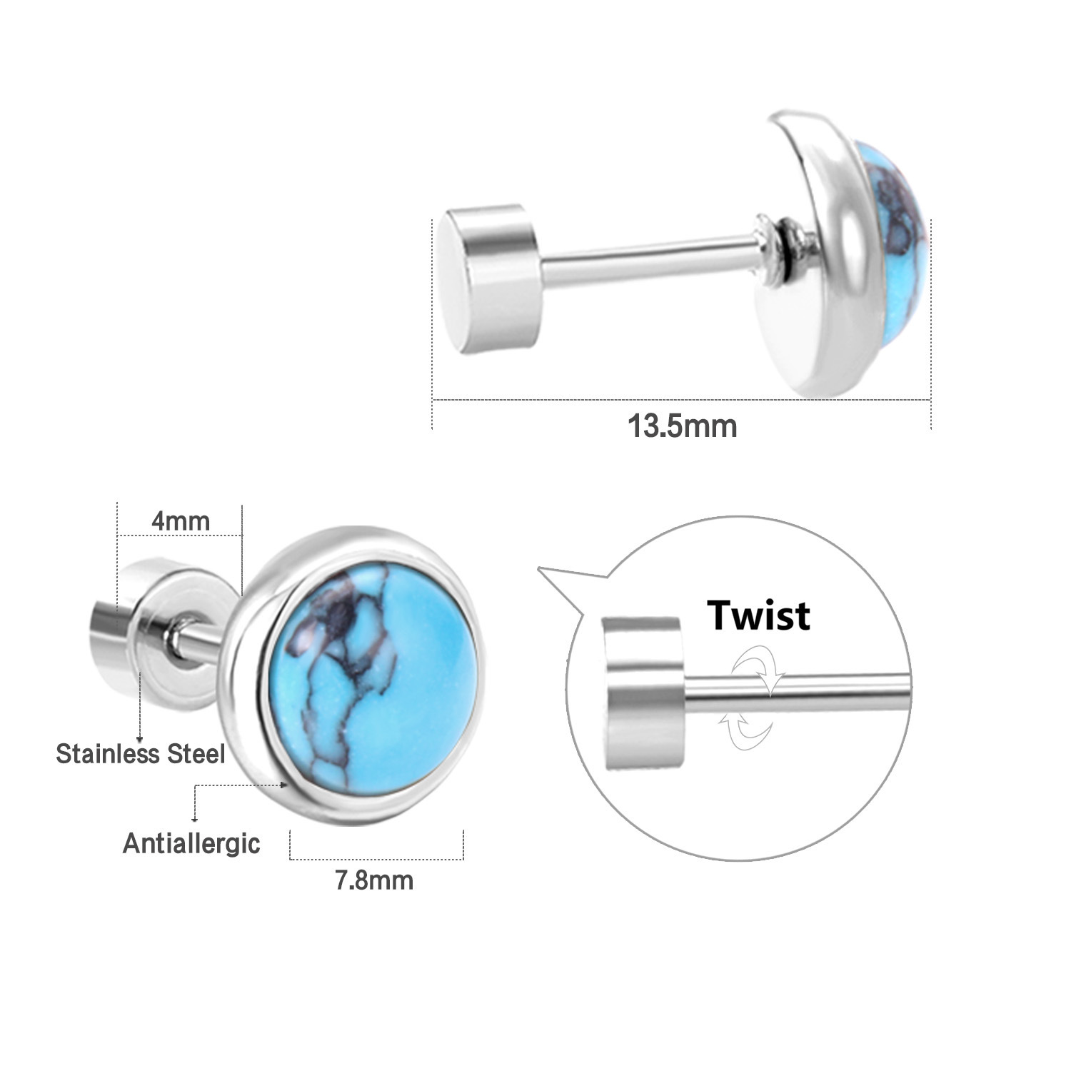 Fashionable Stainless Steel Turquoise Ear Cuff Simple Elegant Screw Back Earrings Women's Geometric Pattern Round Plating Jewelry