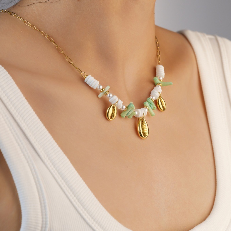 Fashion 304 Stainless Steel Shell Starfish Conch Necklace For Women Vacation Beach Ocean Style Coconut Tree Titanium Steel Jewelry Accessories