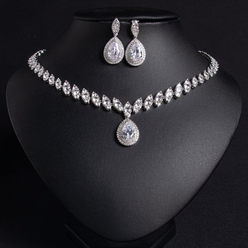Wedding Bridal Set  Style Waterdrop Necklace Tassel Earrings Zirconia Jewelry Accessories Love Heart Pattern