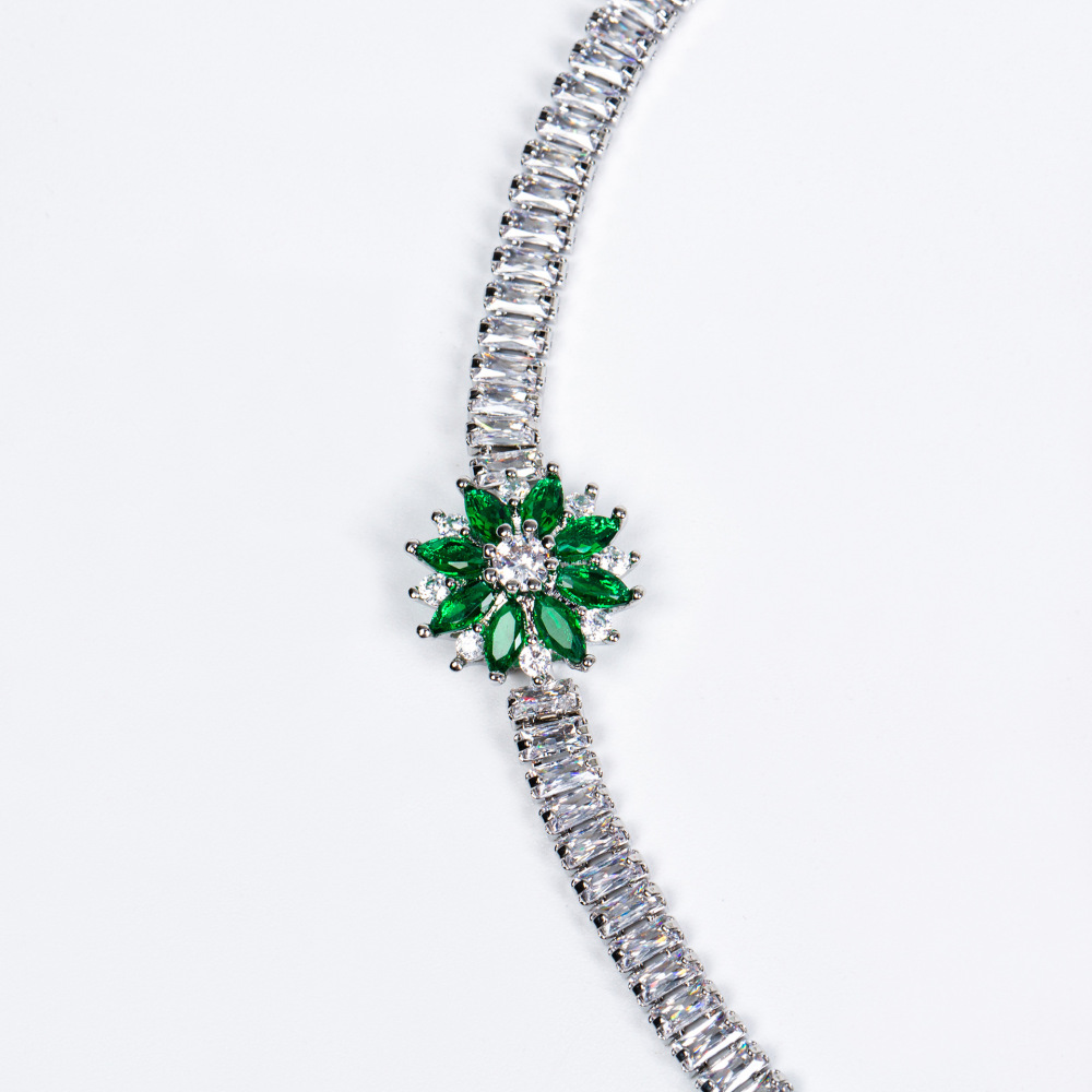 Glimmering Camellia Flower Gem Necklace Earrings Bracelet Ring Evening Gown Accessories Clavicle Chain Floral Ear Studs Jewelry Set