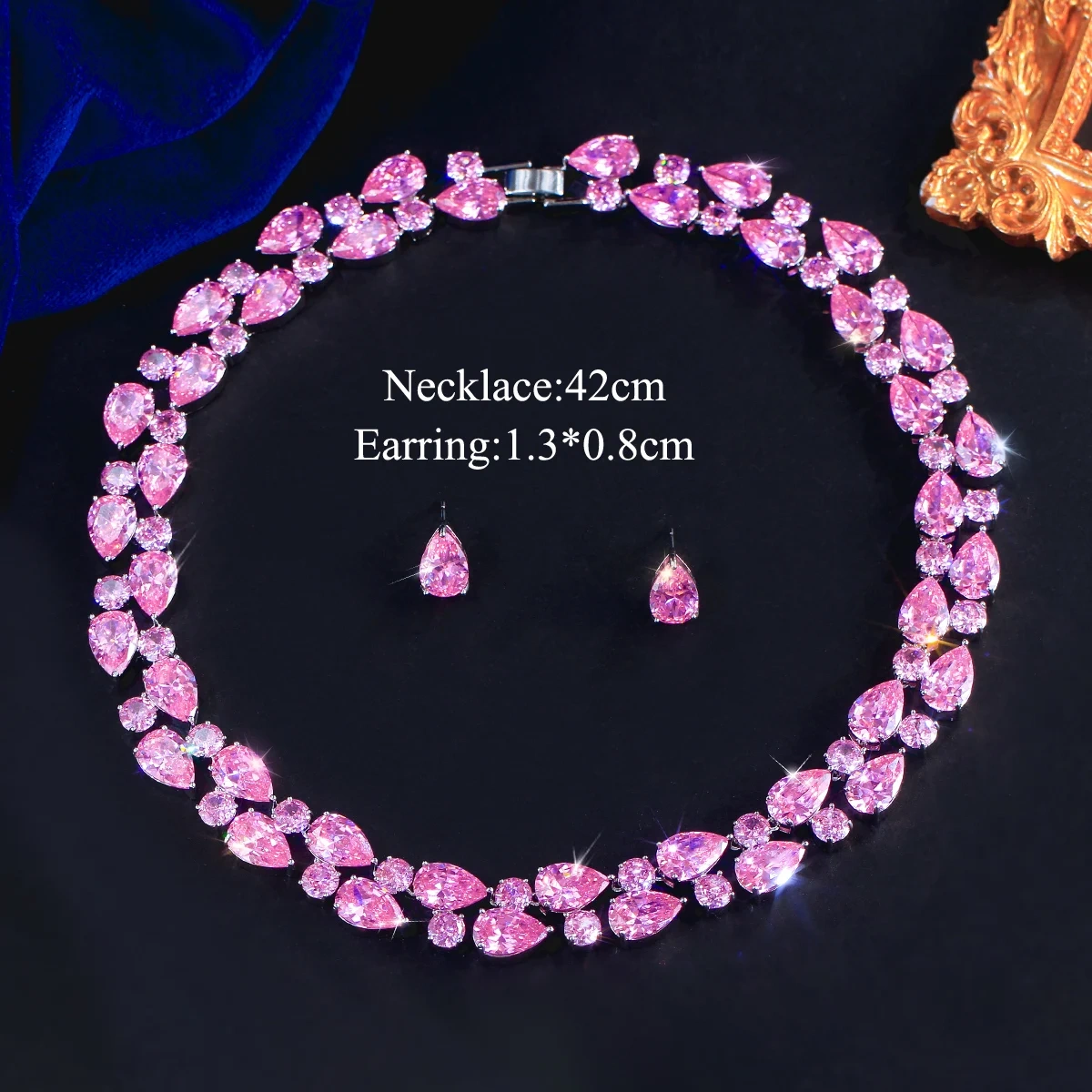 Copper Jewelry Two-Piece Set Luxurious Pink Water Drop Zircon Crystal Necklace Earring Set Suitable For Women Valentine's Day Wedding Party Wear Best Gift Choice