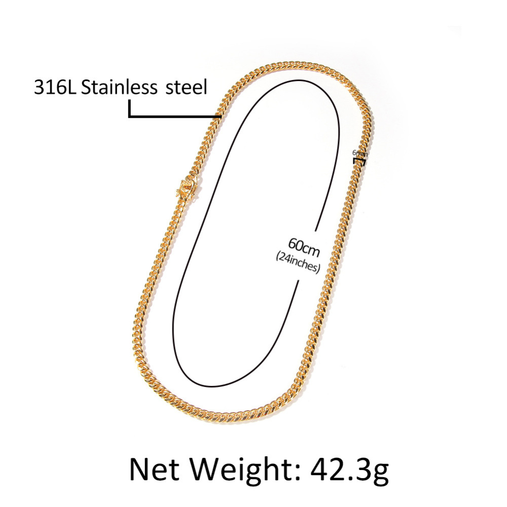 Fashion European And American Hip-Hop Gold-Plated Titanium Steel 6mm Cuban Necklace Men's 316L Stainless Steel Vacuum Electroplated Solid Color Bracelet Fashion Accessories Jewelry