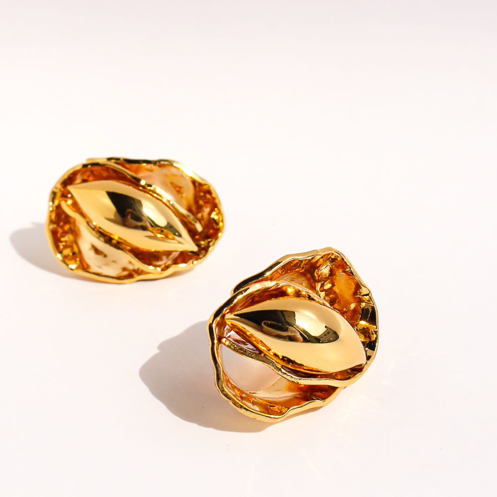 Handmade Wrinkled Hammered Pattern Bud Seed Exaggerated Earrings Unique Oval Personality Stud Earrings Women's Fashion Jewelry 1076