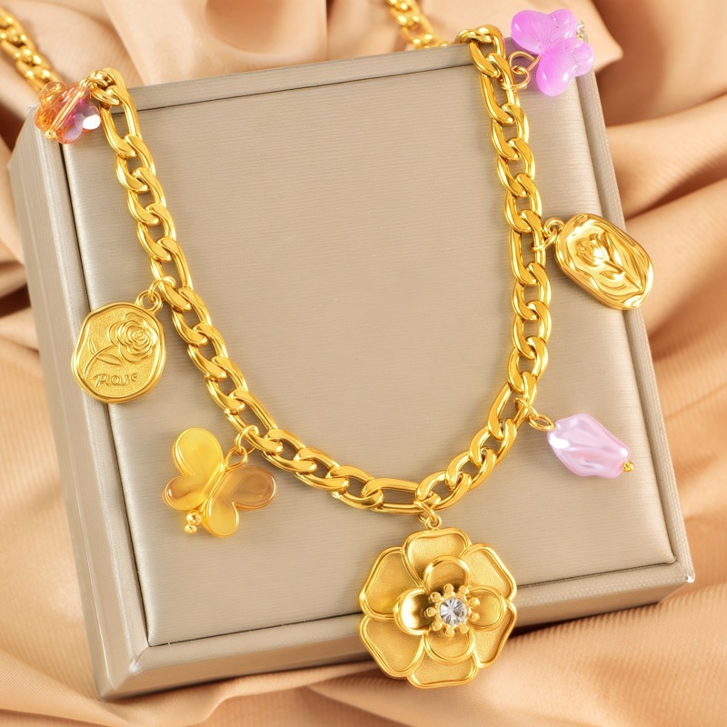 304 Stainless Steel Rose Flower Butterfly PVD Coated 18K Real Gold Plated Elegant Classic Style Waterproof Non Tarnish Plating Lobster Trigger Clasp Closure Multi Charms Necklace