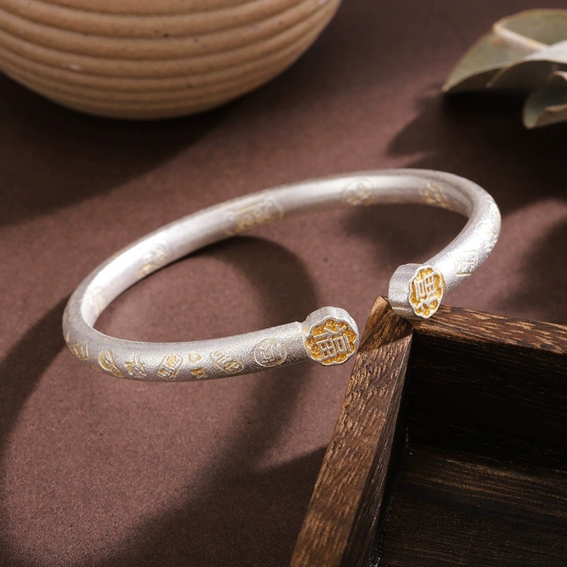 Vintage Ethnic Style Silver-Plated Gold-Embossed Bracelet Gold-Embossed Lucky Cat Open Bracelet Gold-Embossed Fortune Character New Chinese Style Bracelet Gift