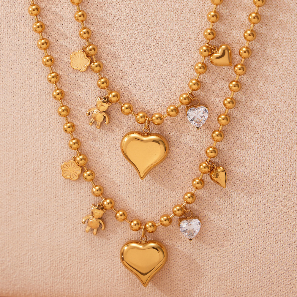 304 Stainless Steel Zircon Big Heart Bear Hollow Necklace Plated 18K Real Gold  Fashion Versatile Jewelry INS Style Gorgeous Novel Design
