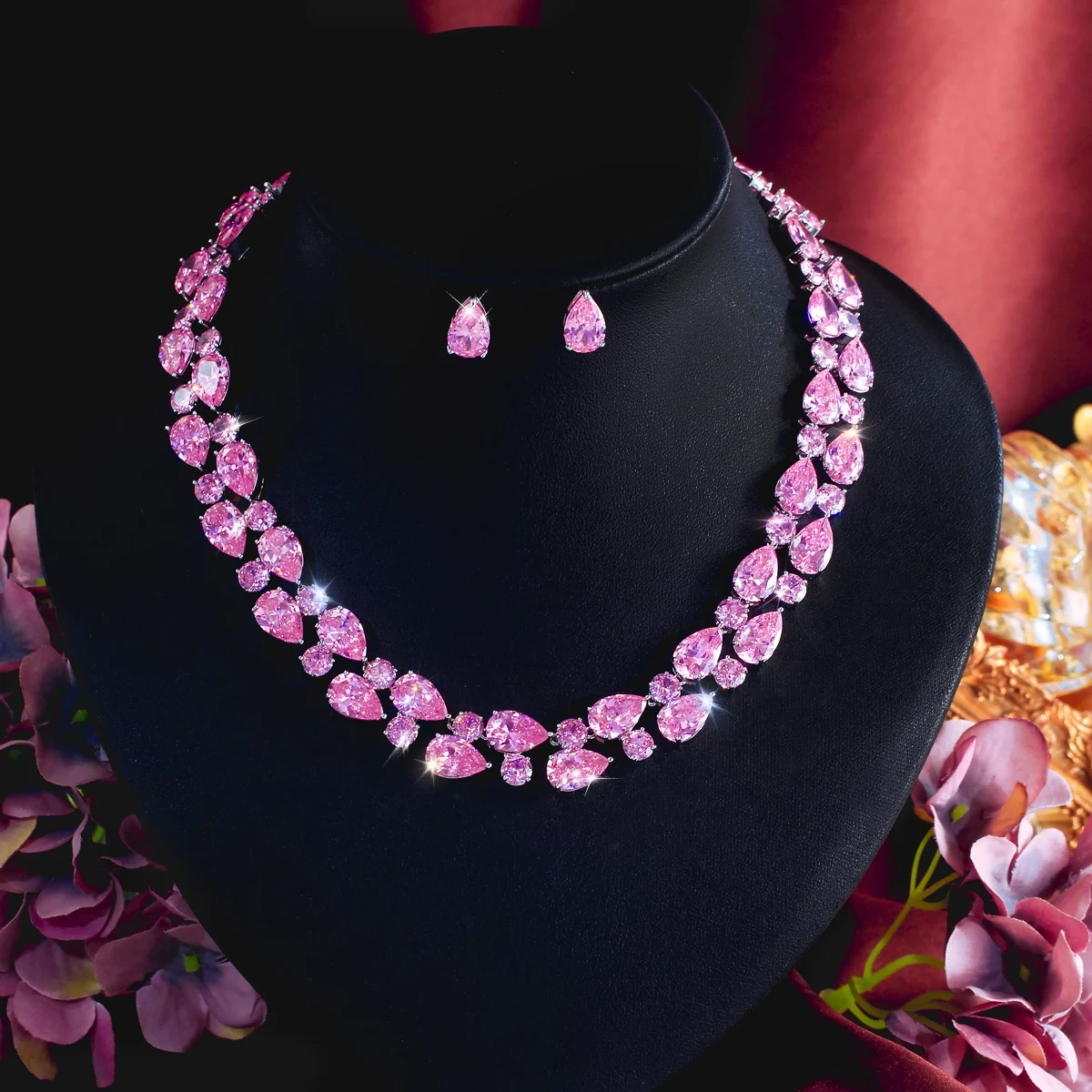 Copper Jewelry Two-Piece Set Luxurious Pink Water Drop Zircon Crystal Necklace Earring Set Suitable For Women Valentine's Day Wedding Party Wear Best Gift Choice