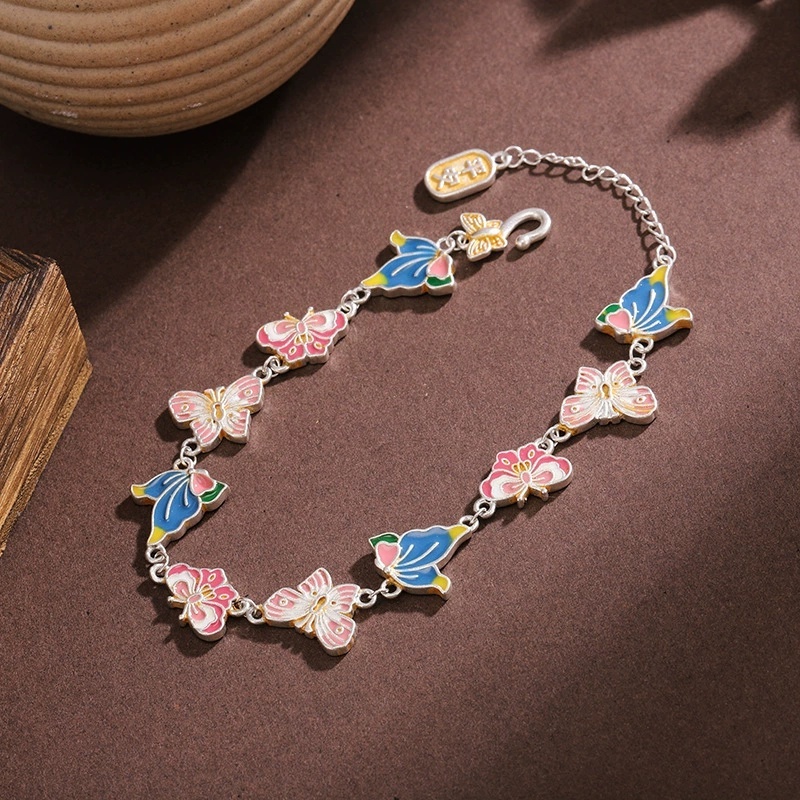 Silver-Plated Bracelet Enamel Butterfly Joy Gold-Plated Vintage Copper Geometric Pattern Bracelet New Chinese Style National Trend Exquisite Handmade Girlfriend Gift