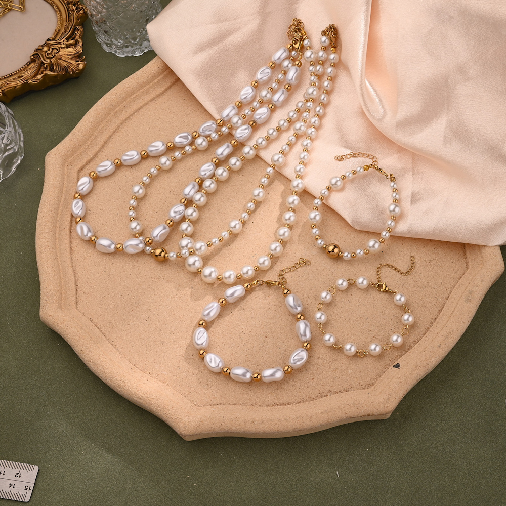 Women's 304 Stainless Steel Imitation Pearl Beaded Chain Polishing Irregular Round Bracelets Necklace Jewelry Set Imitation Pearl Jewelry