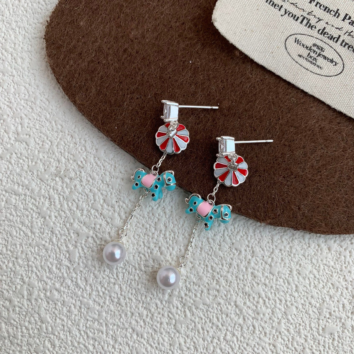 Creative Christmas Decorations Asymmetric Zircon Mini Umbrella Rotating Horse Pearl Earrings Jewelry Ear Studs For Women