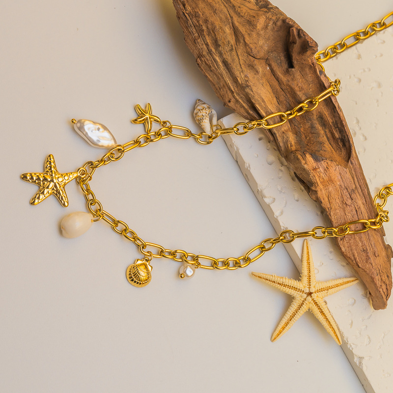 Fashion 304 Stainless Steel Shell Starfish Conch Necklace For Women Vacation Beach Ocean Style Coconut Tree Titanium Steel Jewelry Accessories