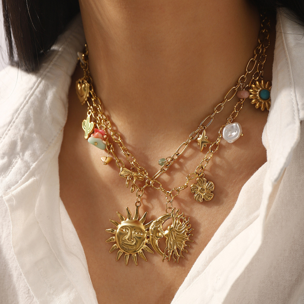 Casual  Style Fruit Pendants Women's Necklace Fashionable Stainless Steel Sun Star Pendant Jewelry