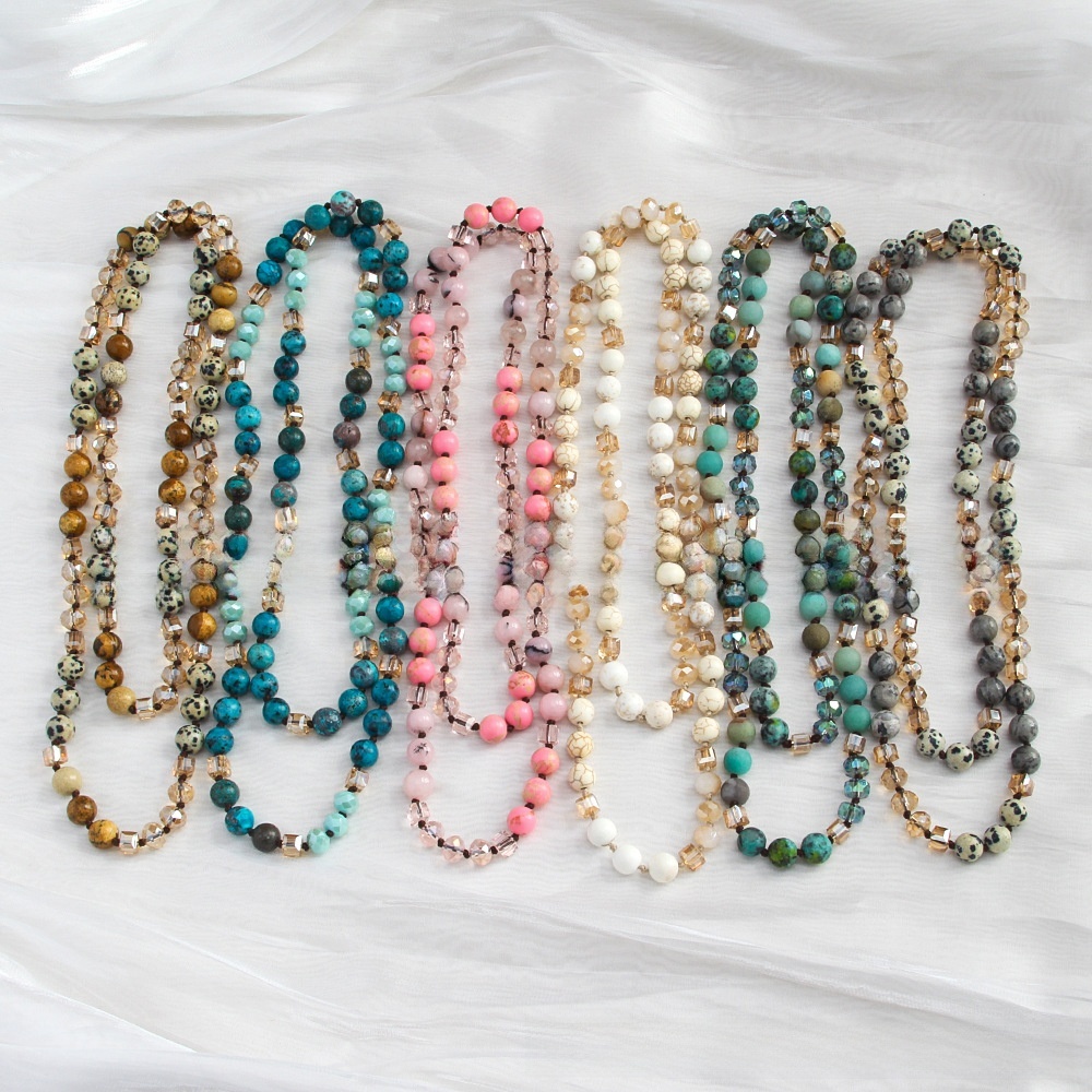 Fashion Bohemian Style Knot Natural Stone Glass Necklace For Women Sweater Chain Fashion Simple Matching Accessories Handmade Irregular