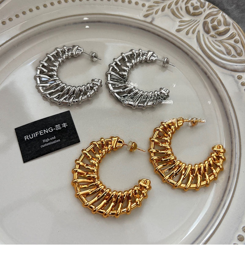 Exaggerated Geometric Weave Metal Silver Earrings Women Luxury Unique High-End Feelings Holiday Style French Vintage Design