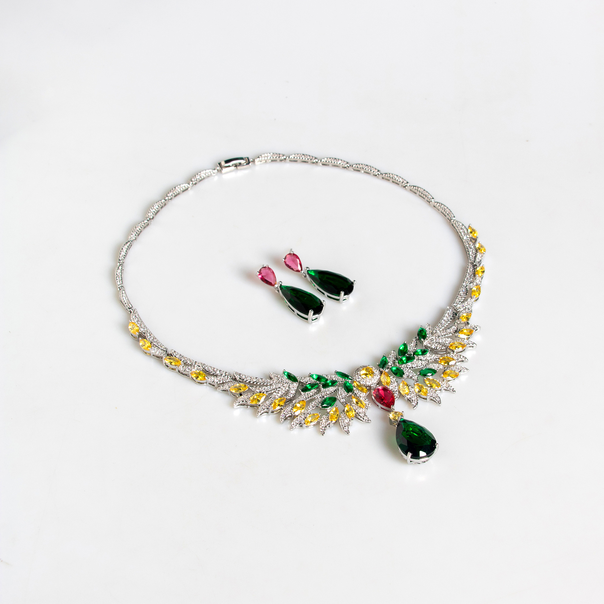 Zircon Jewelry Set Embedded Waterdrop Emerald Gem Necklace Earrings Oxidized Zirconia Ethnic Style Women's Fashion Accessories