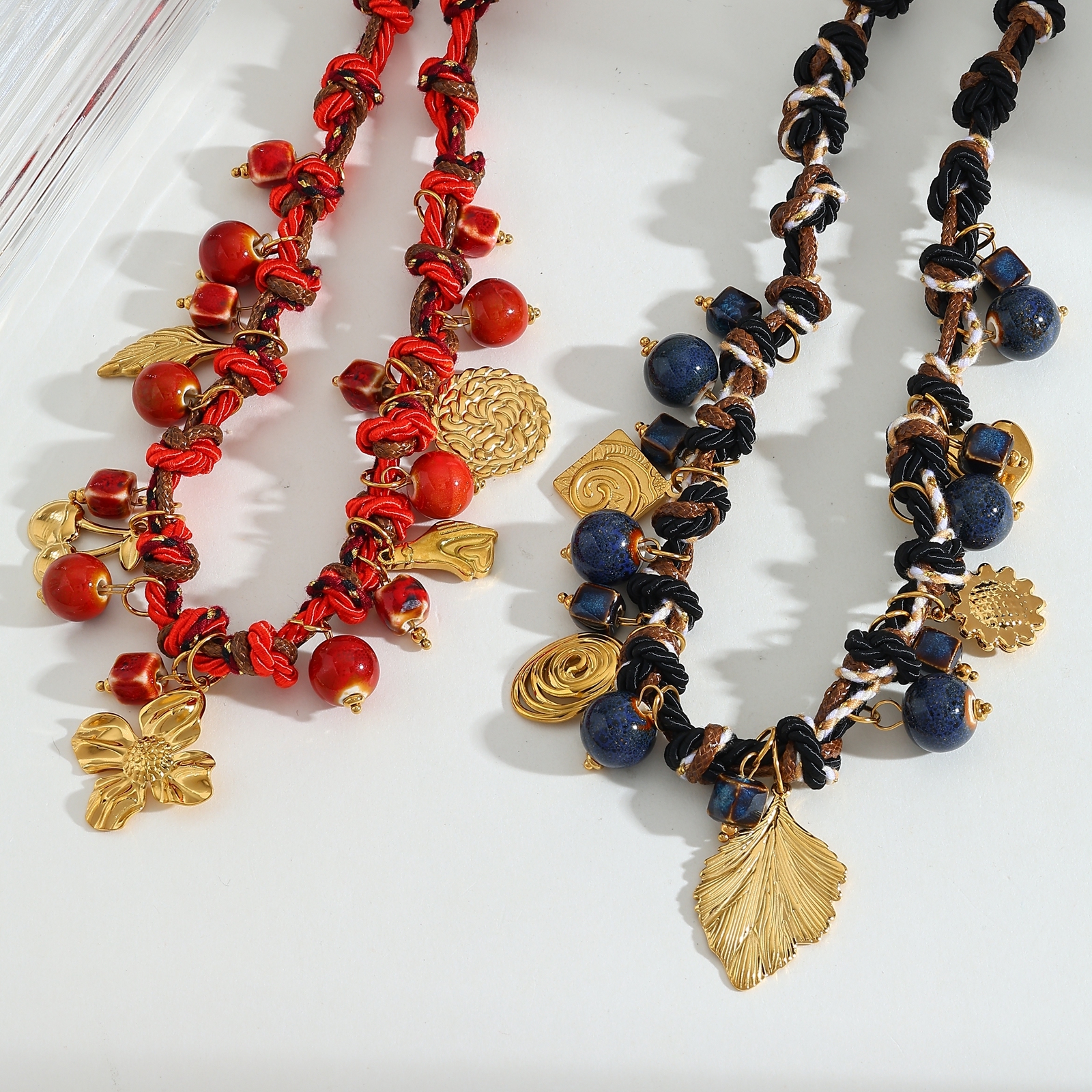 Wholesale Jewelry Casual Elegant Classical Leaf Cherry Heart Shape 304 Stainless Steel 18K Gold Plated PVD Coated Plating Silk Scarf Cord Cloth Strip Necklace