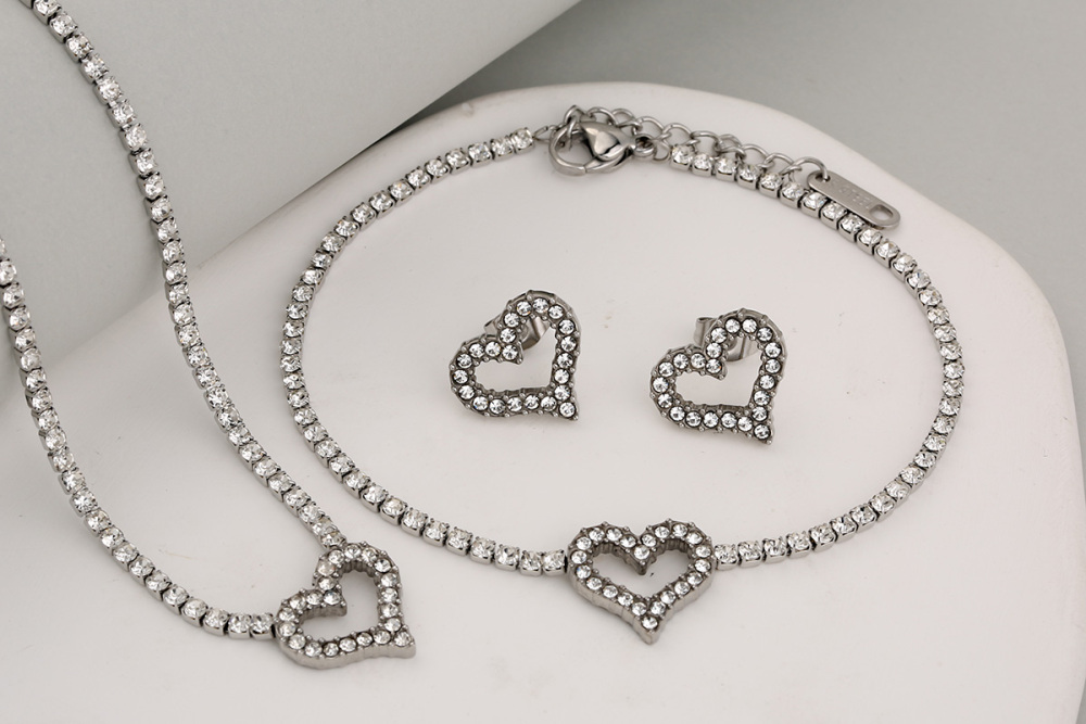 Stainless Steel Full Drill Jewelry Set Cross Circle Heart Shaped Vacuum Plating 18K Gold Dipped Water Diamond Accessories