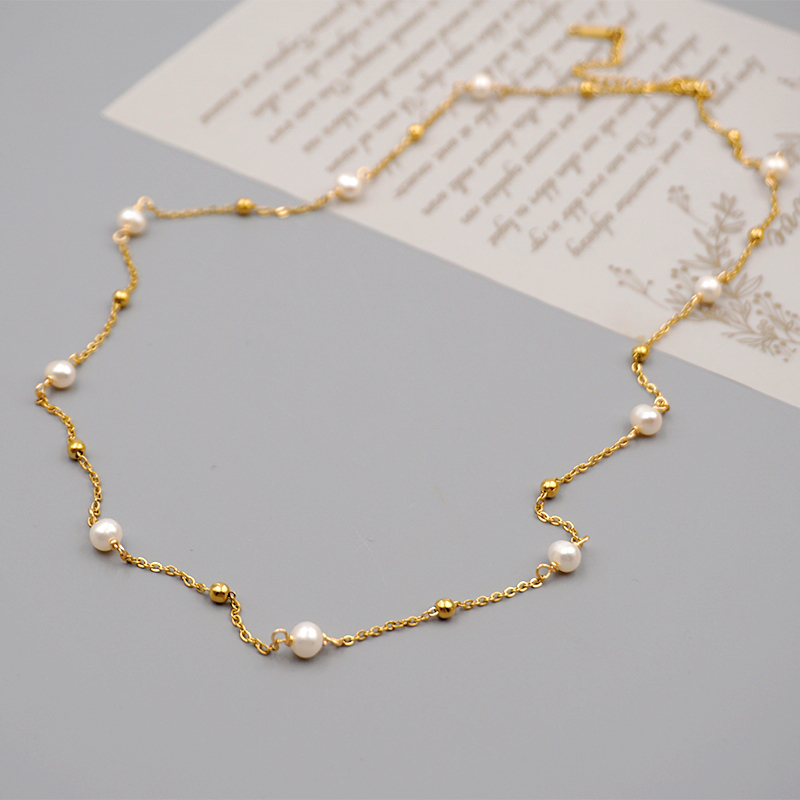 Freshwater Pearl Ferroalloy Round Vacuum Plating Gold Plated Simple Style Classic Style Waterproof Non Tarnish Beaded Plating Gold Sweater Chain Long Necklace