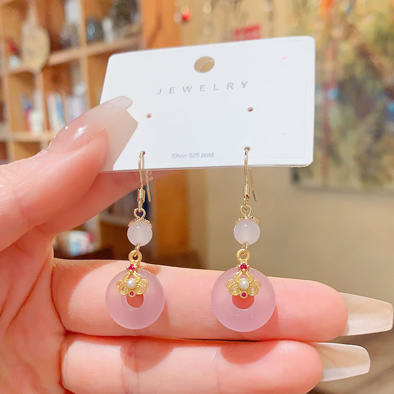 Trendy Commuter Ear Hooks New Chinese Style Geometric Pattern Natural Agate Earrings For Women Elegant Fashionable Popular