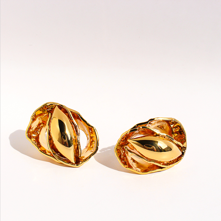 Handmade Wrinkled Hammered Pattern Bud Seed Exaggerated Earrings Unique Oval Personality Stud Earrings Women's Fashion Jewelry 1076