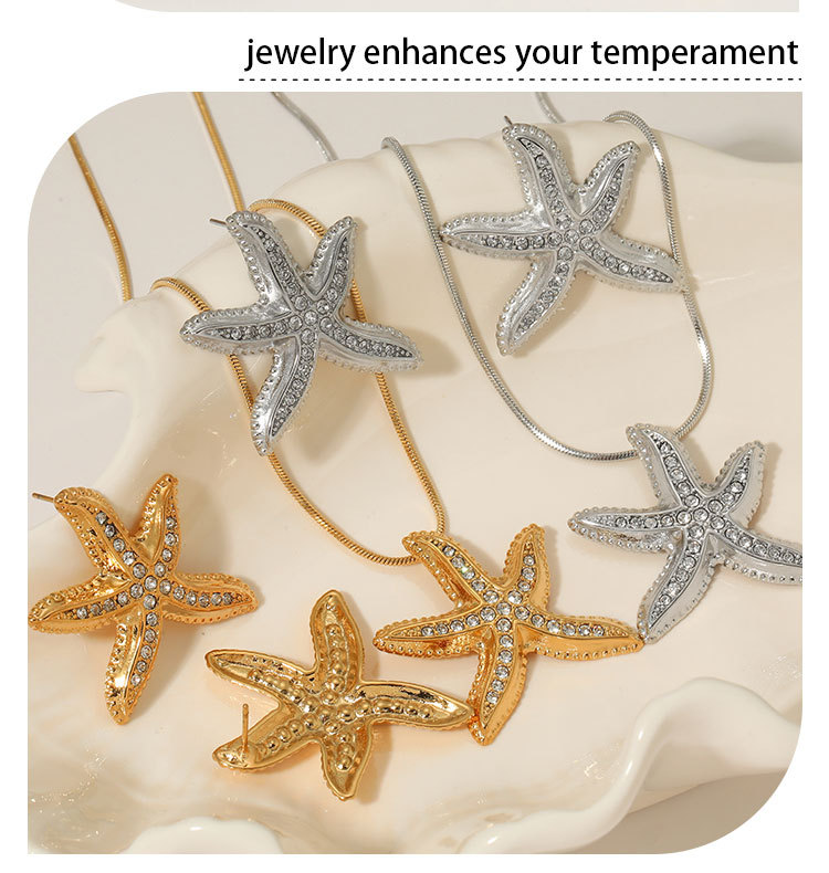 Real Gold Plated 316 Stainless Steel  Ion Plating (IP) Starfish Waterproof Non Tarnish Marine Style Beach Cable Chain Earrings Necklace For Women's