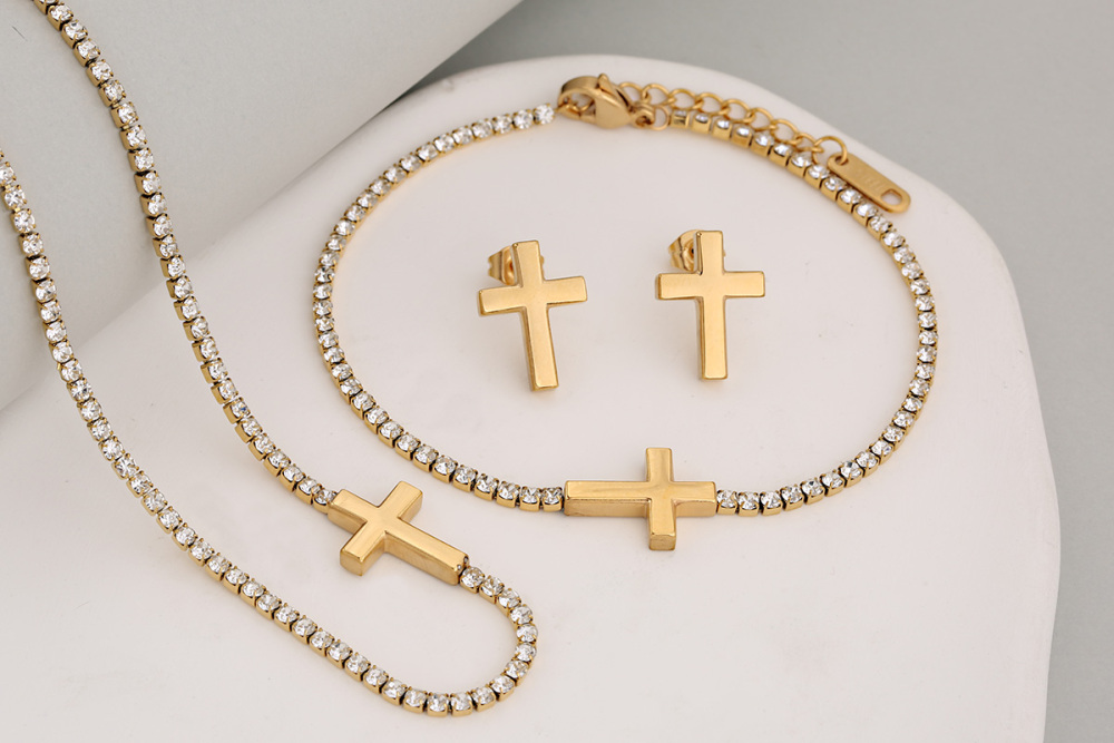 Stainless Steel Full Drill Jewelry Set Cross Circle Heart Shaped Vacuum Plating 18K Gold Dipped Water Diamond Accessories