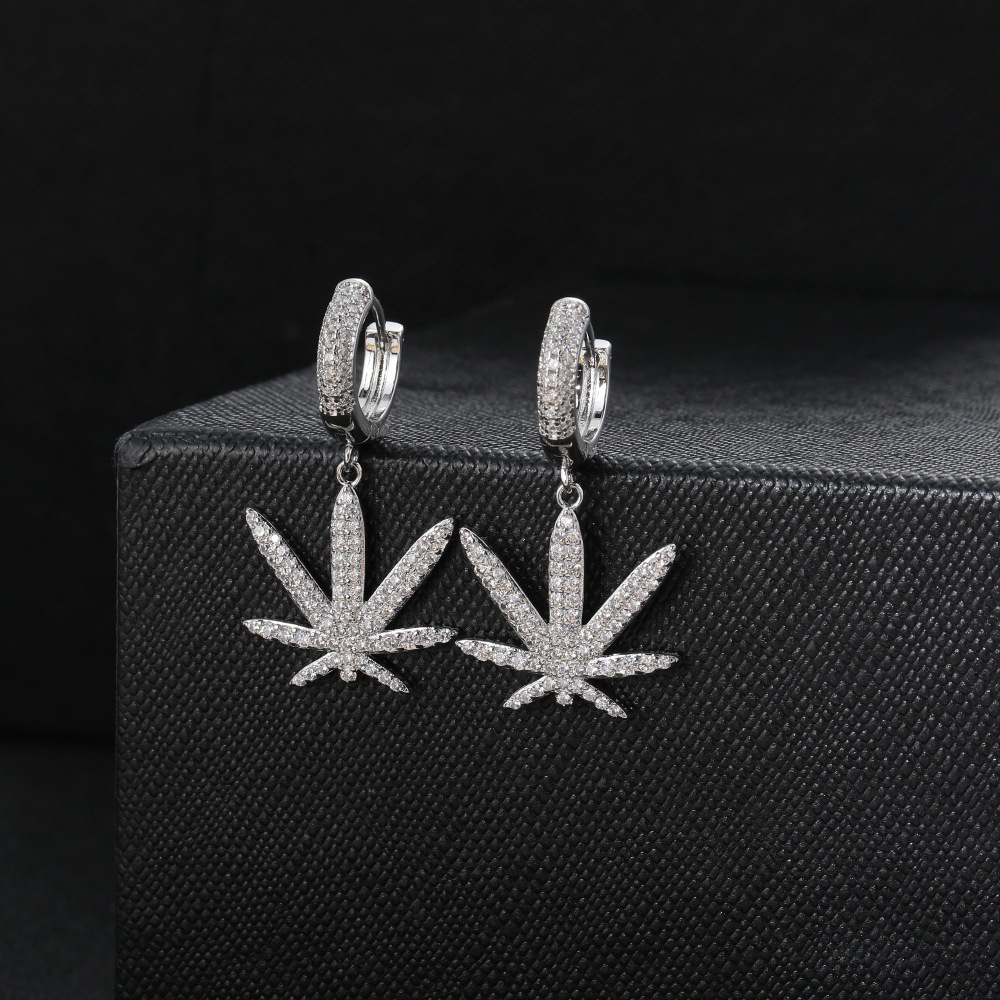 Leaf Shaped Zirconia Stud Earrings Hip Hop Personality Copper Jewelry For Men And Women  Style Fashion Accessories