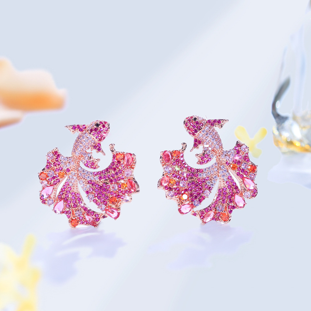 Creative Copper Fish Shaped Earrings With Colorful Zirconia Stones Wedding And Date Suitable Women's Fashion Jewelry Accessories