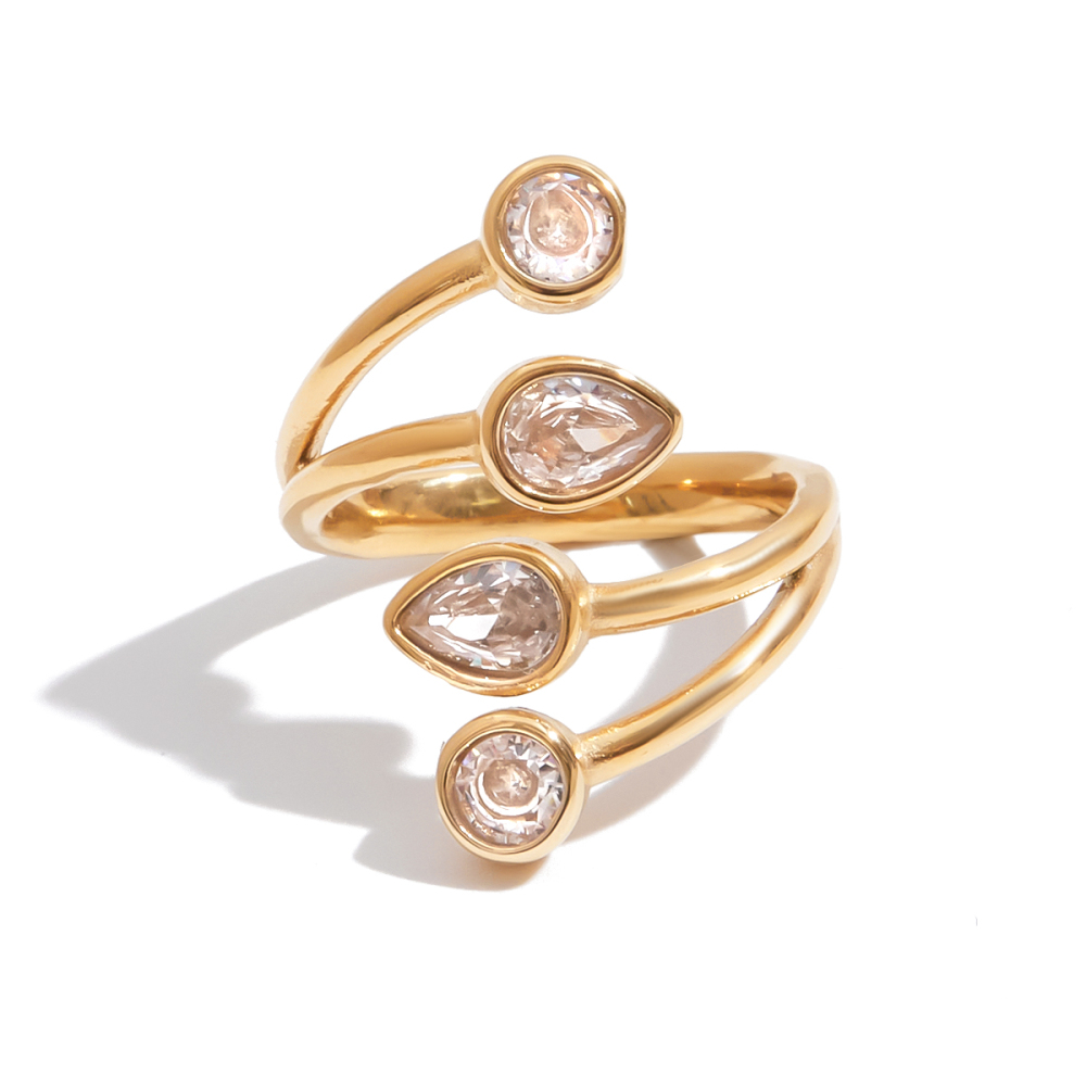 Ladies Minimalist Style Ring 18K Gold Stainless Steel Zirconia White Zirconia Waterdrop Round Open Ring Adjustable Size Travel Friendly