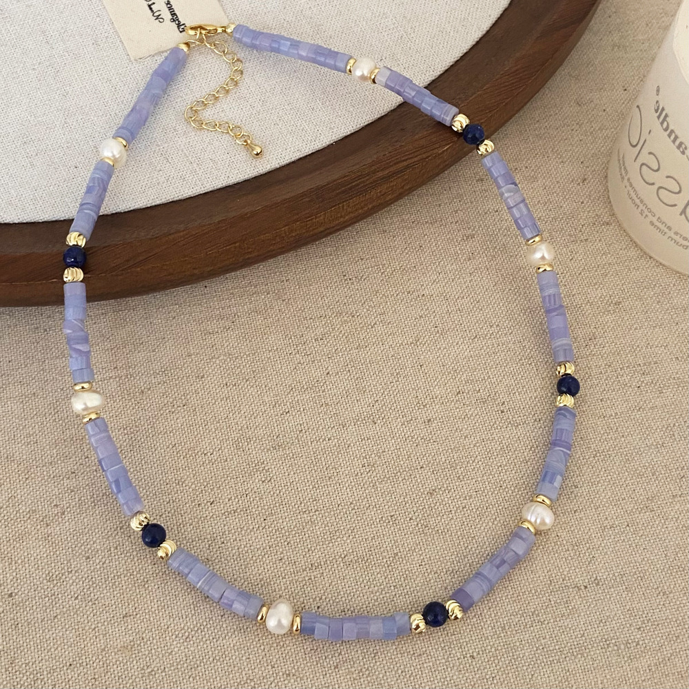 New Chinese Style Geometric Design Purple Agate Freshwater Pearl Women's Necklace Versatile High-End Fashion Clavicle Chain