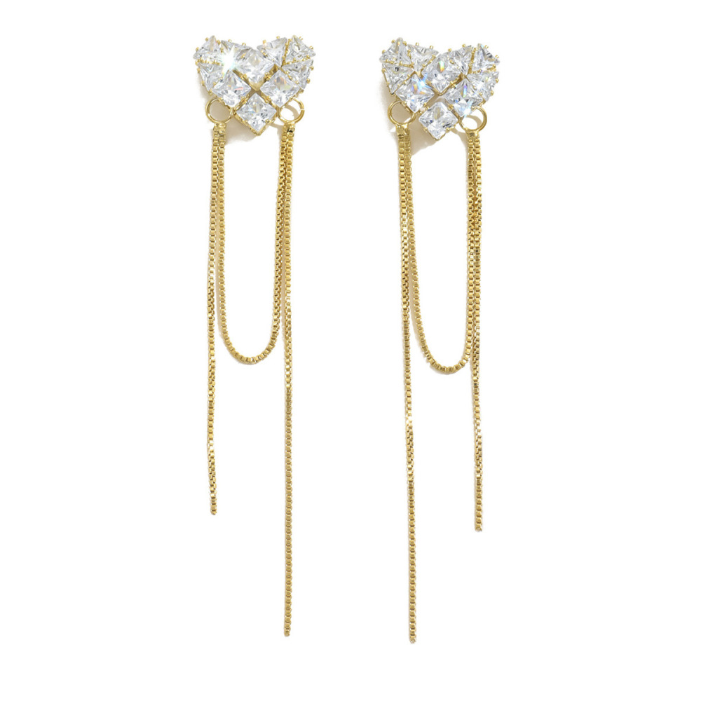 14K Gold Plated Long Tassel Earrings French Vintage Zircon Heart Shaped Elegant Women's Fashion Jewelry Accessories