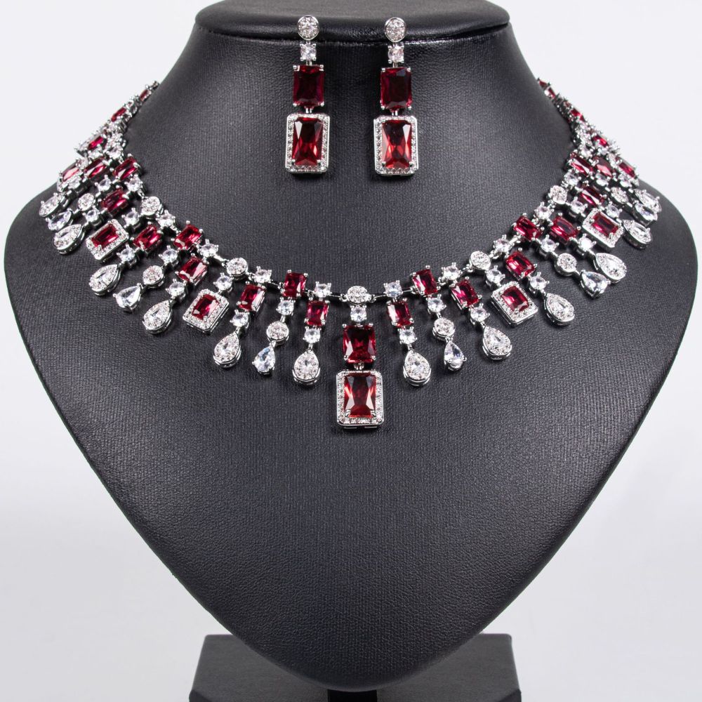 Hip-Hop Luxury Elegant Fashion Women's Water Drop Square Zircon Necklace Earrings Bridal Banquet Jewelry Set