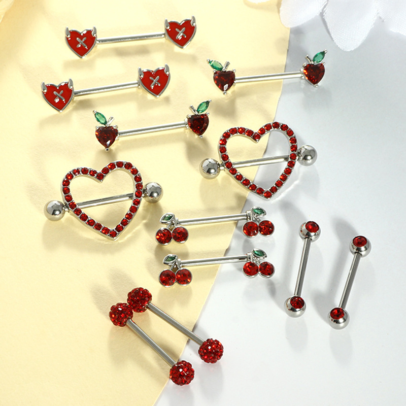 Red Diamond Embedded Heart Cherry Piercing Jewelry Set Women's Stainless Steel Fashion Accessories  Style