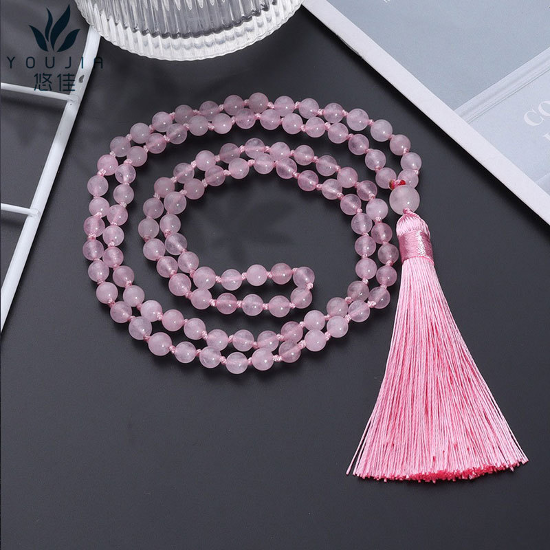 108 Pink Crystal Handmade Knot Necklace  Best Selling Long Tassel Accessories Meditation Woolen Chain In Stock Wholesale