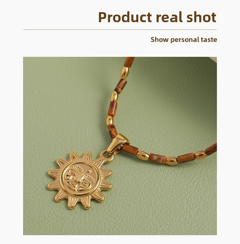 Handmade Tiger Eye Stone Beads Necklace Women's Style Stainless Steel Sun Pendant Clavicle Chain Geometric Pattern Natural Stone