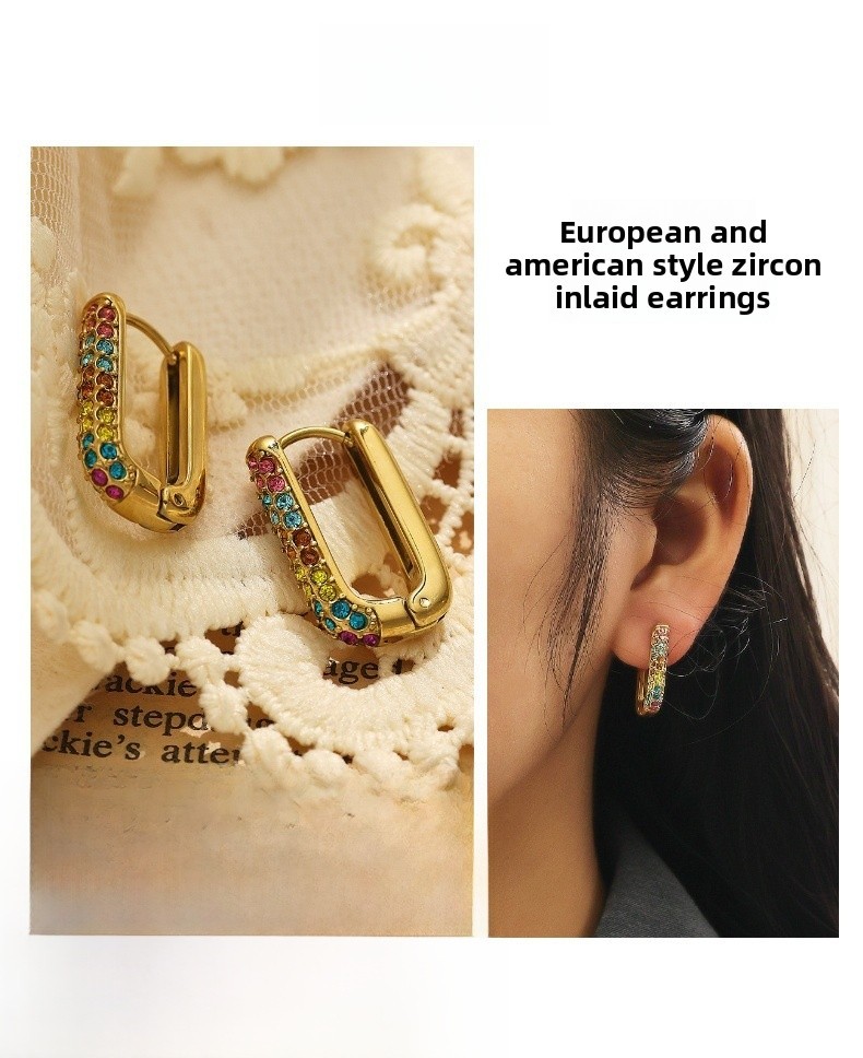 Titanium Steel Color Diamond Inlaid U-shaped Zircon Women's Earrings Stainless Steel Earrings Hoop