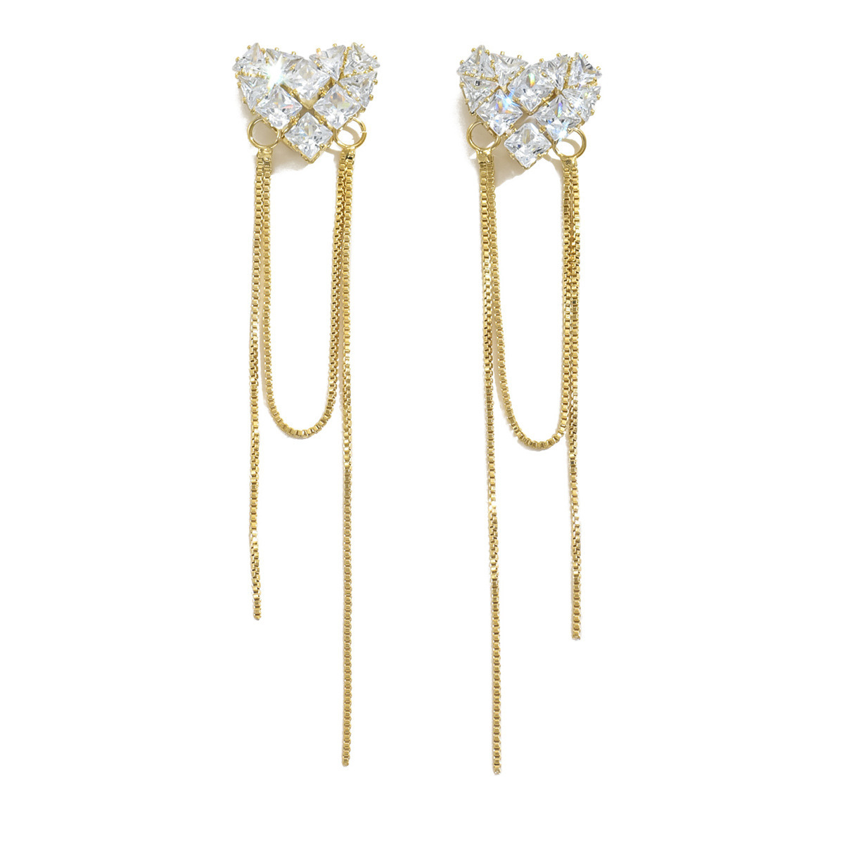 14K Gold Plated Long Tassel Earrings French Vintage Zircon Heart Shaped Elegant Women's Fashion Jewelry Accessories