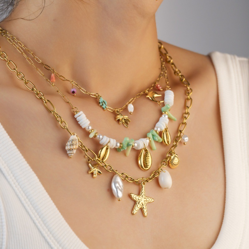 Fashion 304 Stainless Steel Shell Starfish Conch Necklace For Women Vacation Beach Ocean Style Coconut Tree Titanium Steel Jewelry Accessories