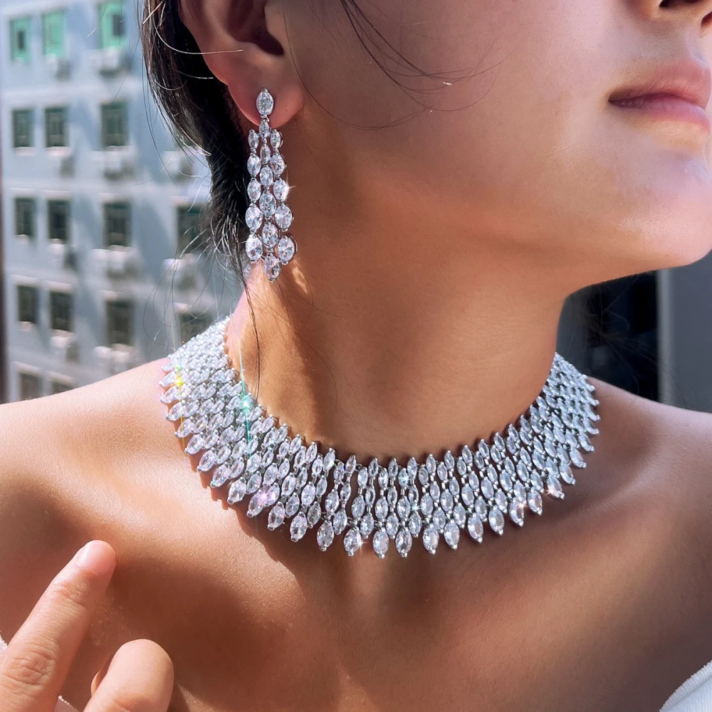 Rhodium Plated Copper Water Plated Zircon Geometric Pattern (Jewelry) Waterproof Non-Fading Wide Thick Women Bride Gorgeous Necklace Earrings Set For Women Wedding Season