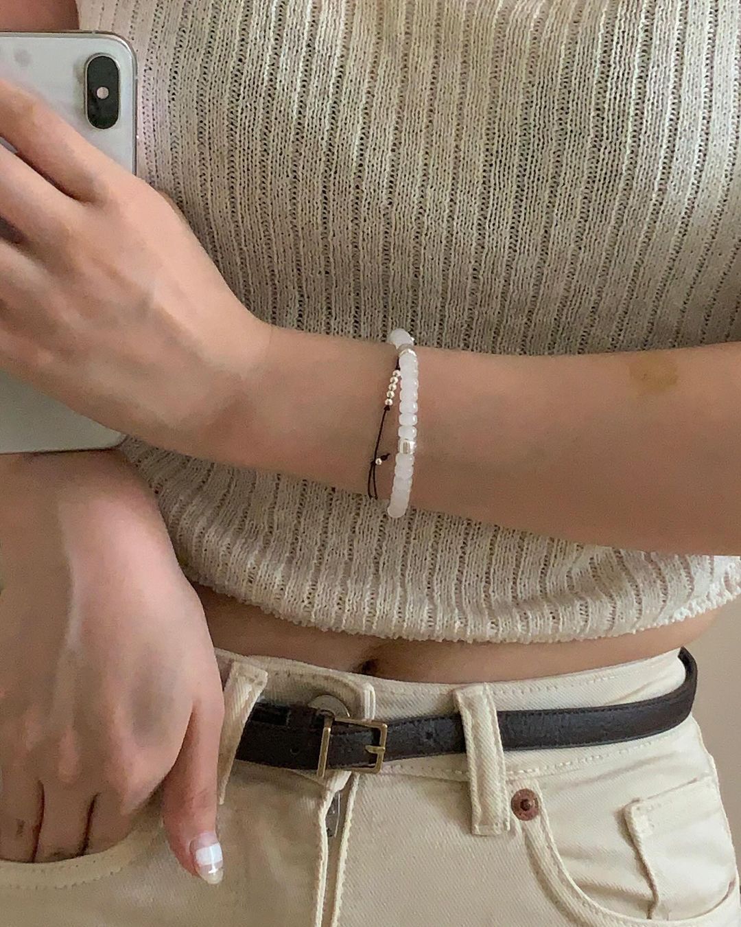 New Natural Stone Agate S925 Pure Silver Beaded Elastic Colorful Fashionable Macaron Hand Bracelet New Style Women's Accessory