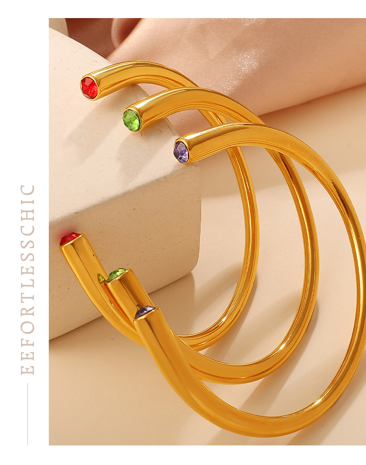 Multicolor Gemstone Open Bracelet Minimalist Colorful Diamond Jewelry Elegant Women's Bracelet 304 Stainless Steel Vacuum Electroplated 18K Real Gold