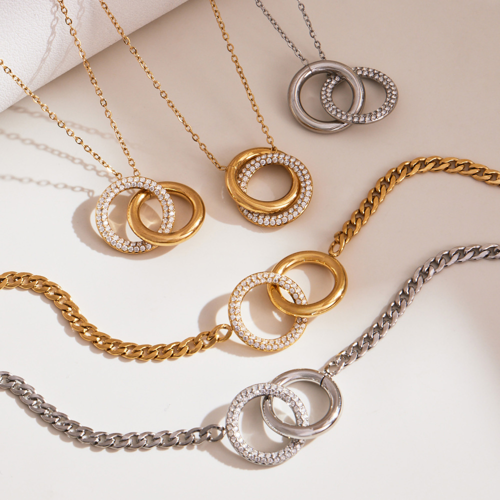 Stainless Steel Double Ring Zircon Necklace Bracelet 18K Gold Plated Fashionable Versatile Luxury Jewelry Accessories Set