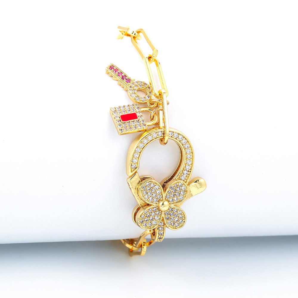 Korean Style Key Lock Four-leaf Clover Zircon Interlocking Hollow Chain Bracelet