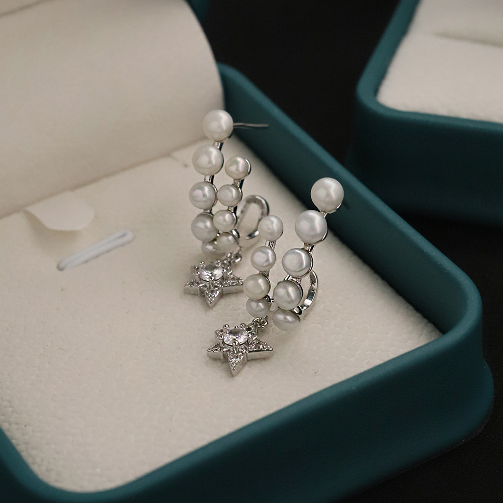 Natural Freshwater Pearl Star Stud Earrings White Gold Elegant Simple Style Women's Jewelry Accessories For Date And Tea Party