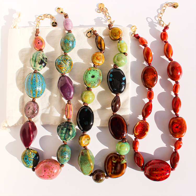 Art Oil Painting Color Plated 24K Real Gold Contrast Old Ceramic Handmade Beaded Necklace Women's Accessories 766