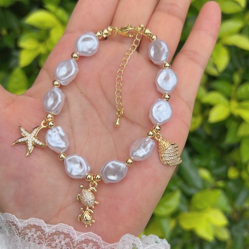 Wholesale Jewelry Simple Style Classic Style Tortoise Starfish Conch Copper 18K Gold Plated Beaded Chain Multi Charms Necklace Jewelry Set