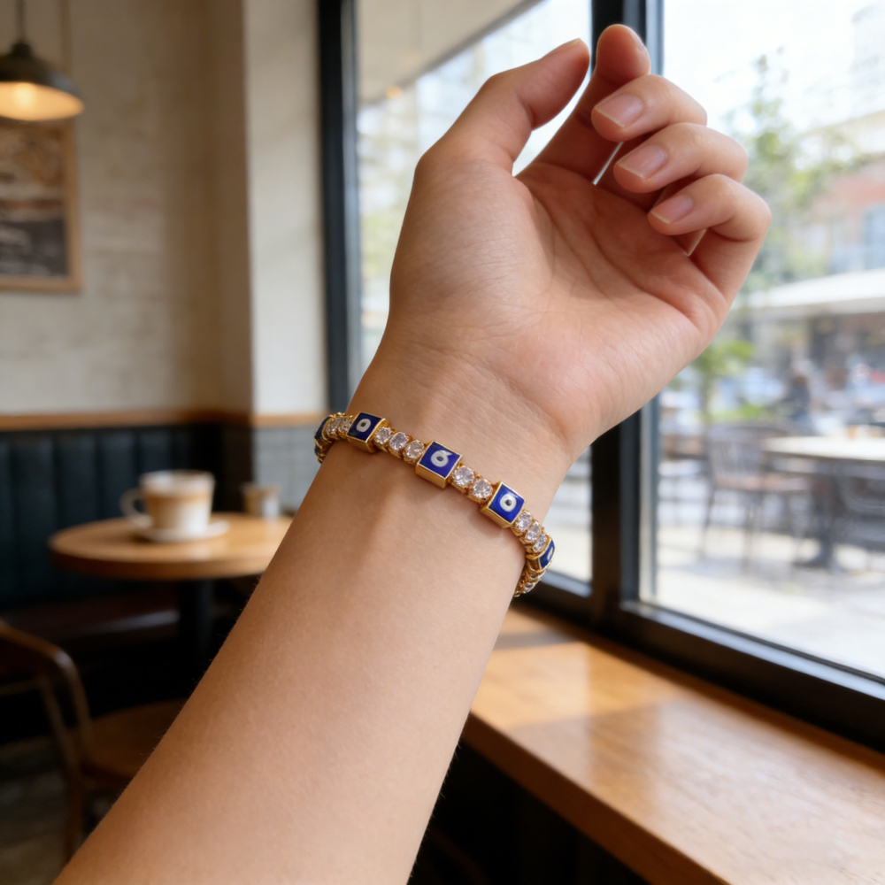 Full Diamond Classic Trendy Devil's Eye  16K Gold Plated White K Copper Water Plated Zircon Square Heart Shape Handmade Bracelet Accessories