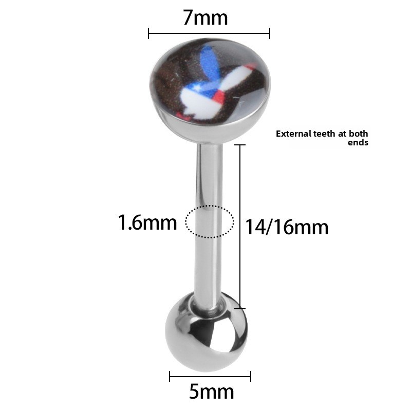 Fashion New F136 Titanium Alloy Straight Tongue Ring Rabbit Girl Lip Stud Geometric Pattern Unisex Polished Surface Piercing