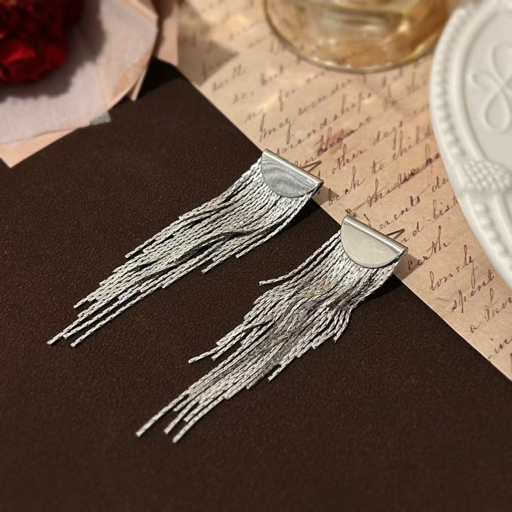 Long Tassel French Metal Earrings For Women, Simple Silver Needle Jewelry Accessories For Evening Banquets